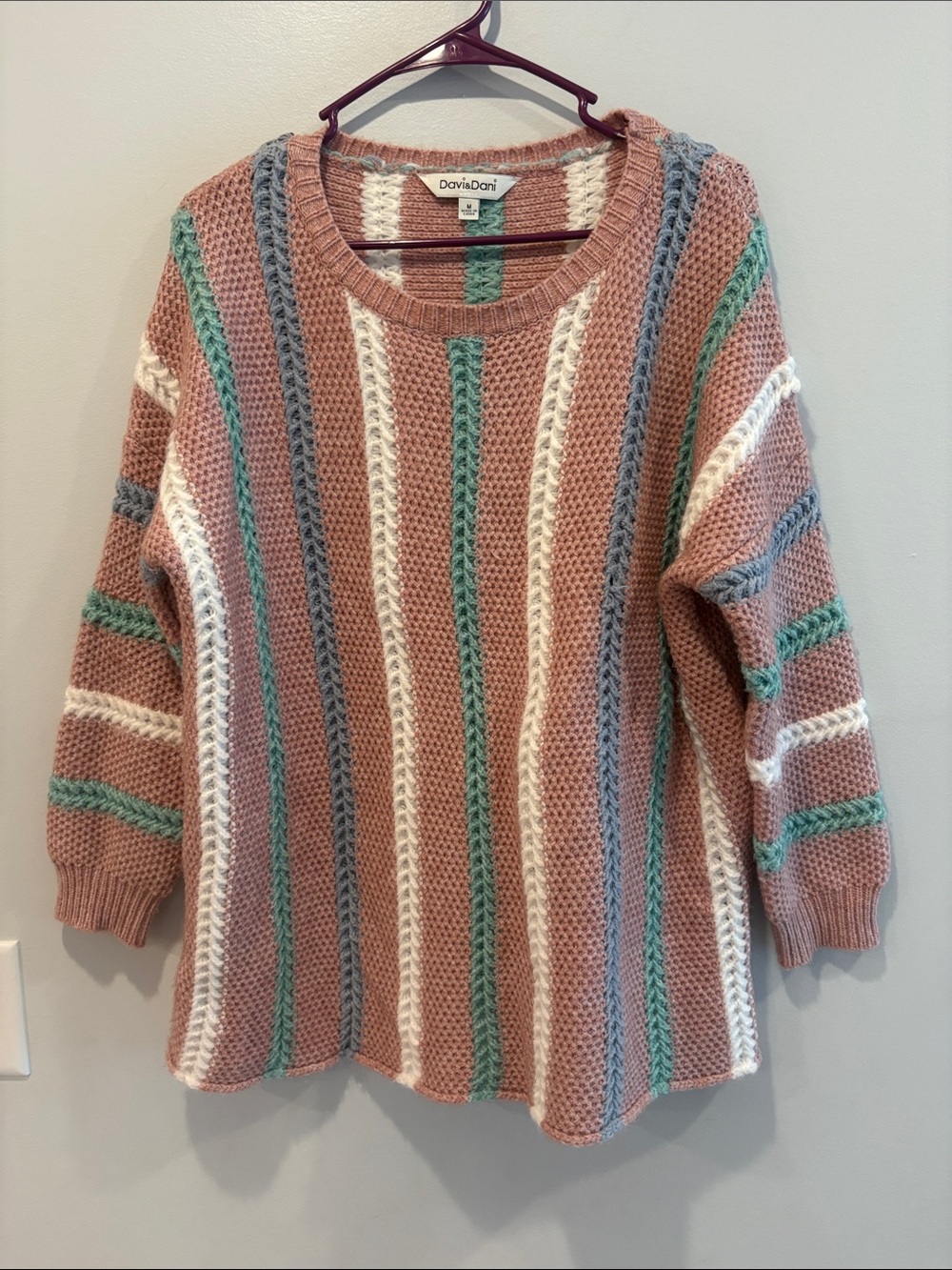 DAVI & DANI Blush, Cream & Teal Striped Crewneck Sweater ptp 24 length 27